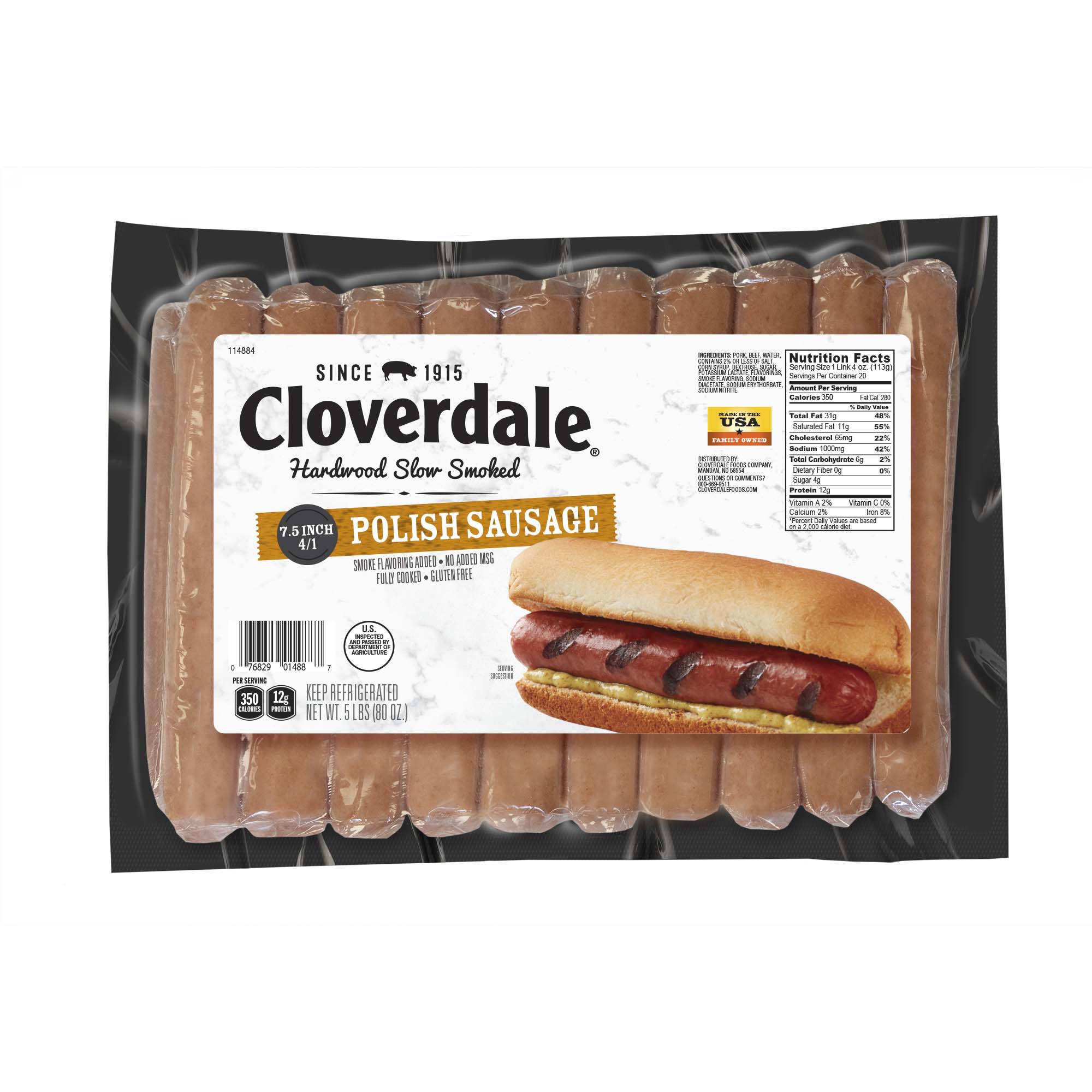 CLOVERDALE HARDWOOD SLOW SMOKED 7.5 INCH 4/1 POLISH SAUSAGE