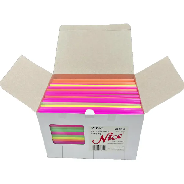 NICE 8 FAT STRAW ASSORTED NEON POLYPROPYLENE