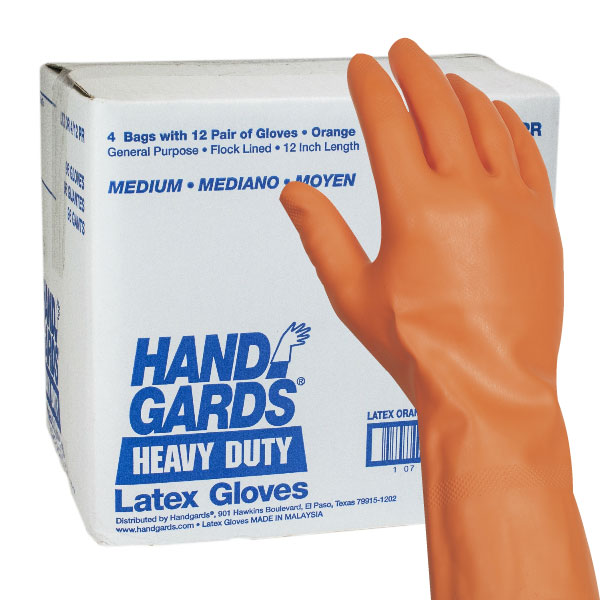HANDGARDS GLOVES LATEX ORANGE REUSABLE HEAVY DUTY MEDIUM