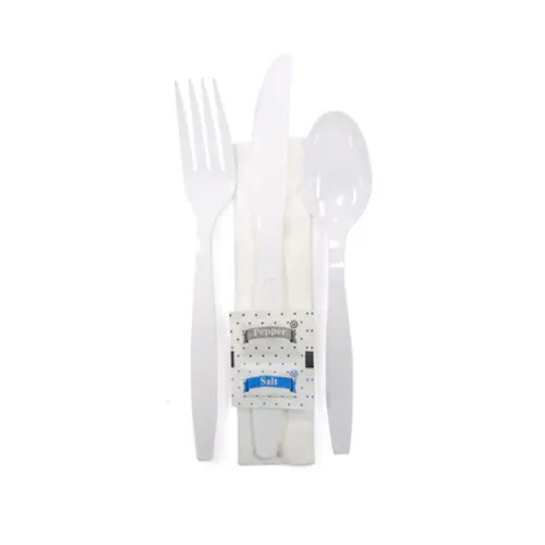 CRYSTAL WARE MEDIUM WEIGHT WHITE CUTLERY KIT KNIFE, FORK, TEASPOON, NAPKIN, SALT & PEPPER