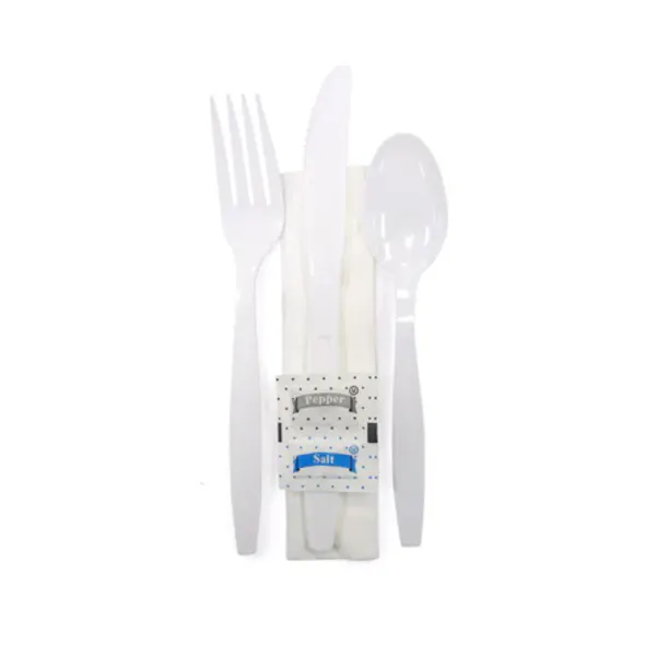 CRYSTAL WARE MEDIUM WEIGHT WHITE CUTLERY KIT KNIFE, FORK, TEASPOON, NAPKIN, SALT & PEPPER