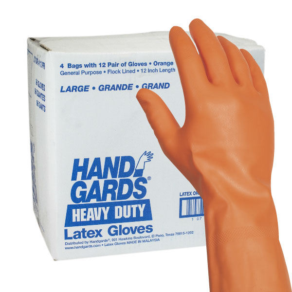 HANDGARDS HEAVY DUTY LARGE ORANGE LATEX REUSABLE GLOVES