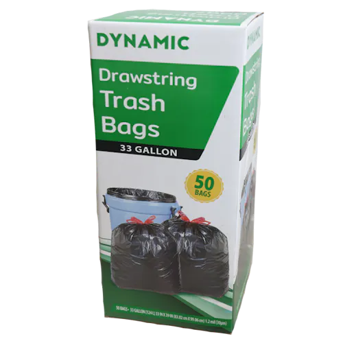 DYNAMIC 33 GALLON BLACK DRAWSTRING TRASH BAGS