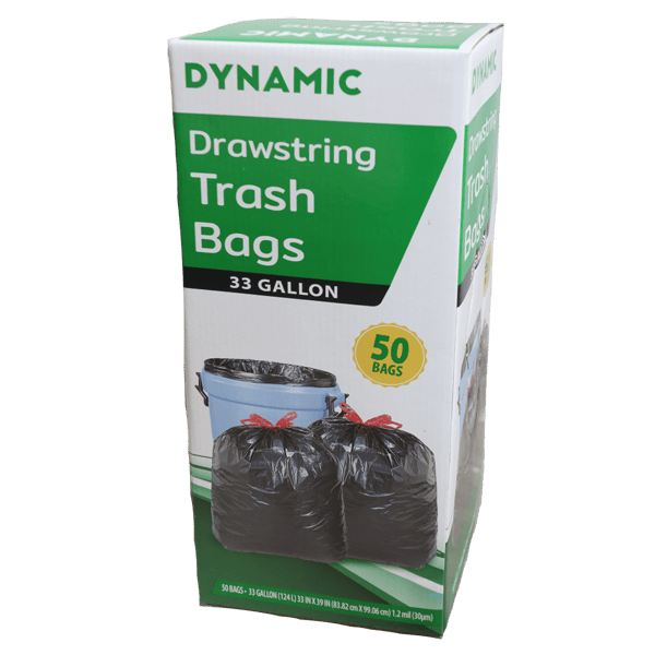 DYNAMIC 33 GALLON BLACK DRAWSTRING TRASH BAGS