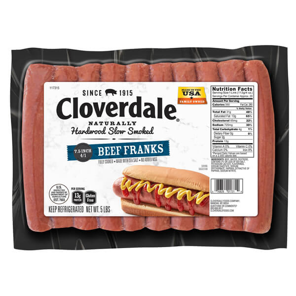 CLOVERDALE BEEF HOT DOGS 7.5 INCH FRANKS 4/1
