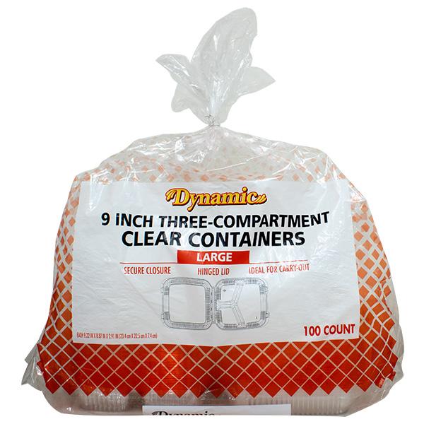 DYNAMIC CLEAR PLASTIC CONTAINER 3 COMPARTMENT 9 INCH