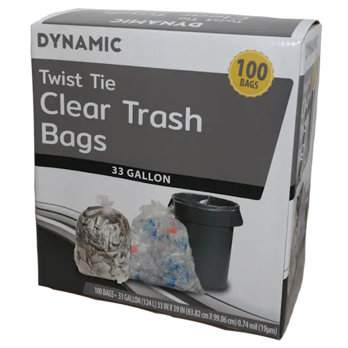 DYNAMIC 33 GALLON CLEAR TWIST TIE TRASH BAGS