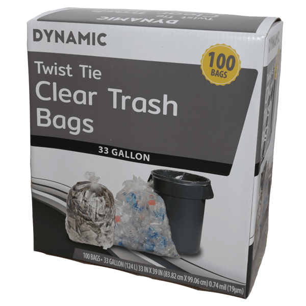 DYNAMIC 33 GALLON CLEAR TWIST TIE TRASH BAGS